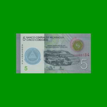 BILLETE DE NICARAGUA 5 CORDOBAS, POLYMERO PICK NEW, ESTADO SIN CIRCULAR.-
