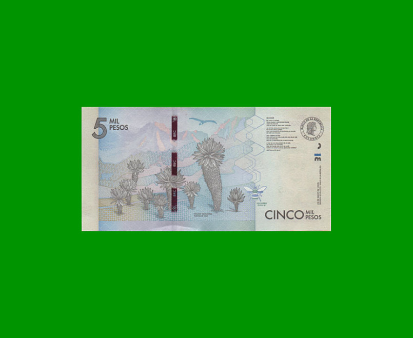 BILLETE DE COLOMBIA $ 5.000,00, PICK 459,PREFIJO AK, AÑO 2020, ESTADO SIN CIRCULAR.- - Imagen 2