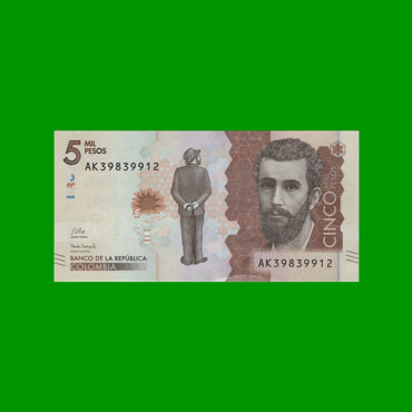 BILLETE DE COLOMBIA $ 5.000,00, PICK 459,PREFIJO AK, AÑO 2020, ESTADO SIN CIRCULAR.-