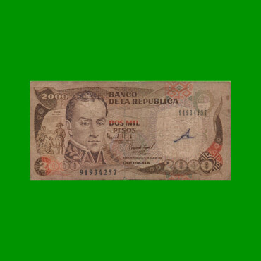 BILLETE DE COLOMBIA $ 2000,00, PICK 439A, AÑO 1993, ESTADO MUY BUENO- .-