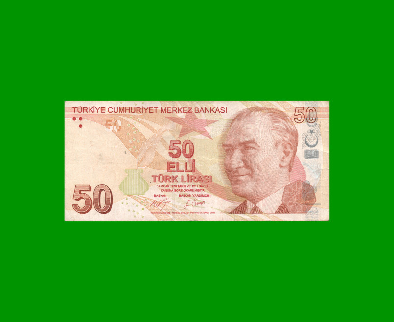 BILLETE DE TURQUIA 50 LIRAS, PICK 225c, AÑO 2009, ESTADO BUENO.-