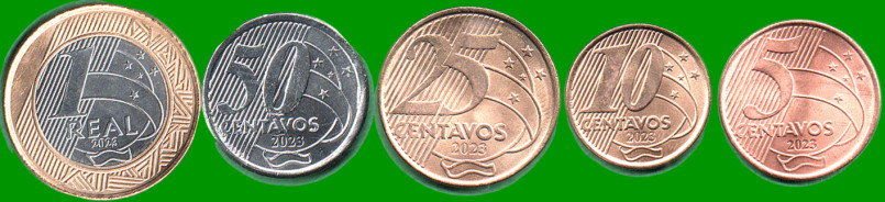 BRASIL SET DE CINCO MONEDAS 5,10,25, 50 Ctvos y 1 REAL BIMETALICA, AÑO 2023, ESTADO NUEVAS.-