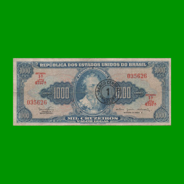 BILLETE DE BRASIL 1.000 CRUZEIROS RESELLADO 1 CRUZEIRO NOVO, PICK 187b, AÑO 1967, ESTADO BUENO.-