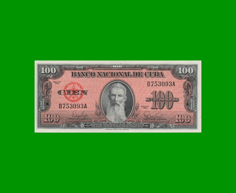 BILLETE DE CUBA $100,00 PICK 93, AÑO 1959, ESTADO SIN CIRCULAR.-