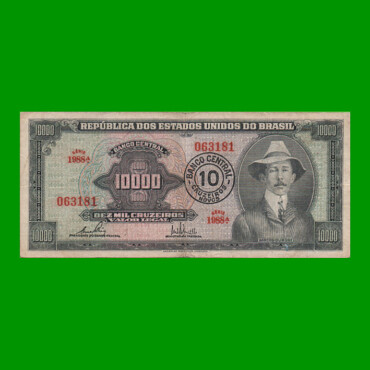 BILLETE DE BRASIL 10.000 CRUZEIROS RESELLADO 10 CRUZEIROS NOVOS, PICK 189c, AÑO 1967, ESTADO BUENO+ .-