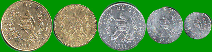 GUATEMALA SET DE CINCO MONEDAS 5,10,25 Y 50 CTVOS Y 1 QUETZAL,  AÑO 2012/18, ESTADO NUEVAS.- - Imagen 2