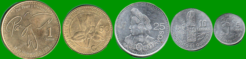 GUATEMALA SET DE CINCO MONEDAS 5,10,25 Y 50 CTVOS Y 1 QUETZAL,  AÑO 2012/18, ESTADO NUEVAS.-