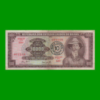 BILLETE DE BRASIL 10.000 CRUZEIROS RESELLADO 10 CRUZEIROS NOVOS, PICK 190a, AÑO 1967, ESTADO BUENO+ .-
