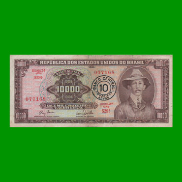 BILLETE DE BRASIL 10.000 CRUZEIROS RESELLADO 10 CRUZEIROS NOVOS, PICK 190a, AÑO 1967, ESTADO BUENO+ .-