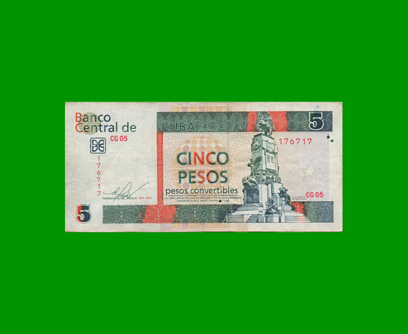 BILLETE DE CUBA $5,00 PICK FX48e,  ESTADO  BUENO+.-