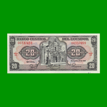 BILLETE DE ECUADOR 20 SUCRES PICK 121Aa, AÑO 1988 ESTADO SIN CIRCULAR.-