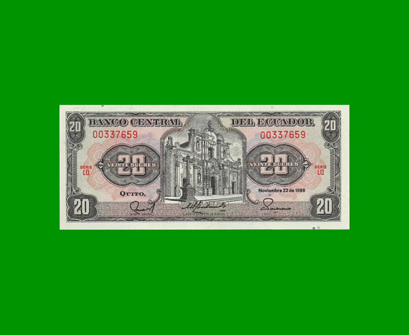 BILLETE DE ECUADOR 20 SUCRES PICK 121Aa, AÑO 1988 ESTADO SIN CIRCULAR.-