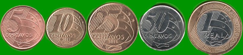 BRASIL SET DE CINCO MONEDAS 5,10,25 y 50 Ctvos y 1 Real BIMETALICA, AÑO 2015/ 2021, ESTADO NUEVAS.-