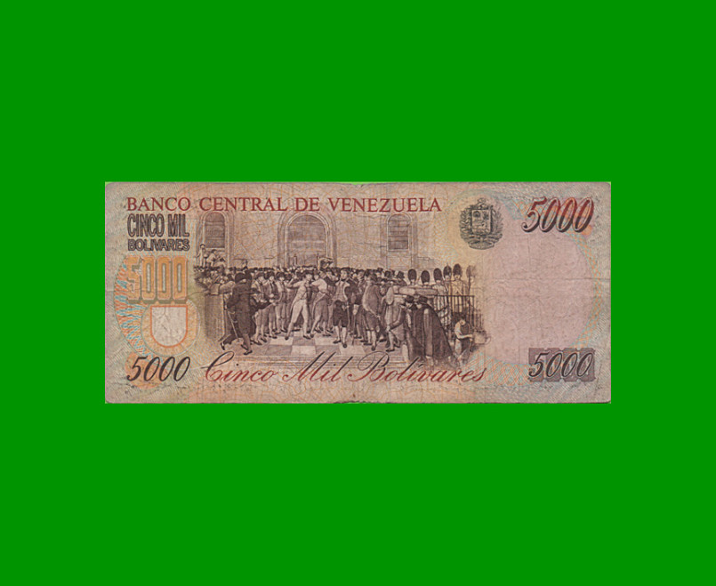 BILLETE DE VENEZUELA 5.000 BOLIVARES, PICK 78c, AÑO 1989, ESTADO BUENO.- - Imagen 2