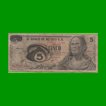 BILLETE DE MEXICO $5,00 PICK 62, AÑO 1969, ESTADO BUENO.-