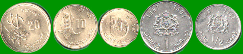 MARRUECOS SET DE CINCO MONEDAS 1/2,1,5,10 Y 20 CENTIMOS, AÑO 1987, ESTADO NUEVAS.-