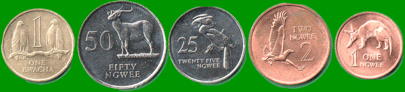 ZAMBIA SET DE CINCO MONEDAS 1,2,25,50 NGWE Y 1 KWACHA , AÑO 1983/92  ESTADO NUEVAS.-