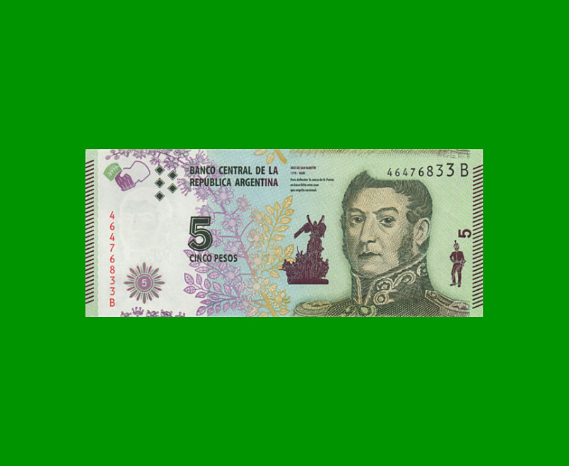 PESOS 3er DISEÑO $5,00, BOT 3902, AÑO 2015, ESTADO EXCELENTE+ .-