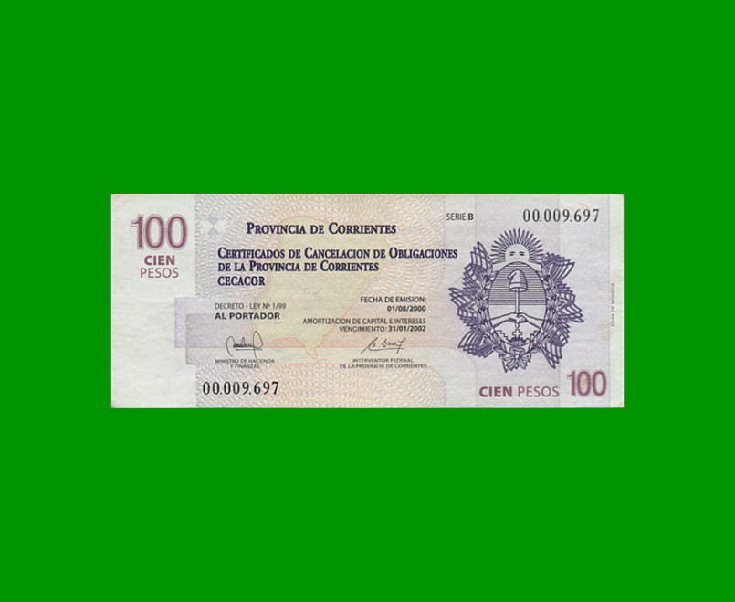 BONO CORRIENTES $100,00, EC 326, SERIE B, ESTADO EXCELENTE.-