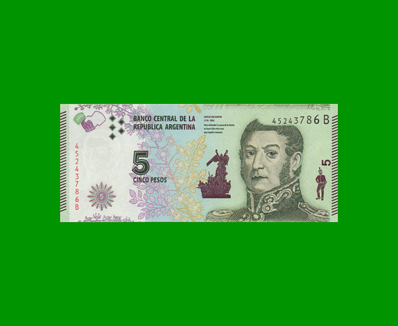 PESOS 3er DISEÑO $5,00, BOT 3902, AÑO 2015, ESTADO SIN CIRCULAR.-