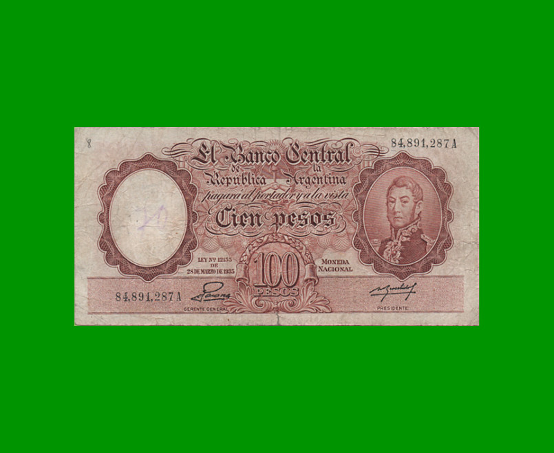 MONEDA NACIONAL $100,00, BOT 2044, AÑO 1954, ESTADO MUY BUENO- .-