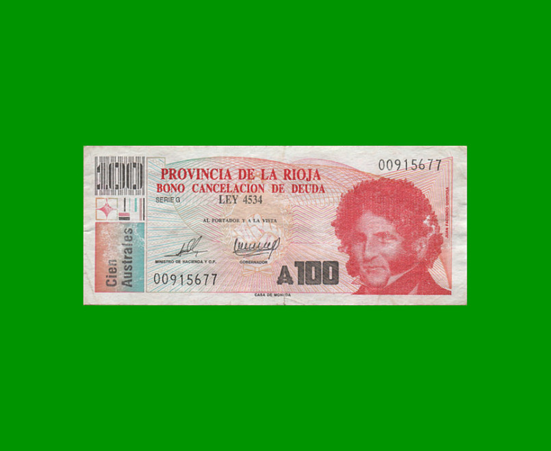 BONO DE LA RIOJA 100,00 DE AUSTRALES, EC 043, AÑO 1989, ESTADO MUY BUENO- .-