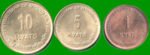 MYANMAR SET DE TRES MONEDAS 1,5,10 KYATS AÑO 1999, ESTADO NUEVAS.-