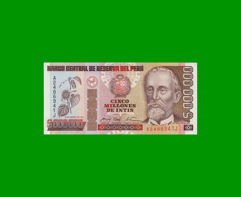 BILLETE DE PERU 5.000.000 INTIS, PICK 150, AÑO 1991, ESTADO SIN CIRCULAR.