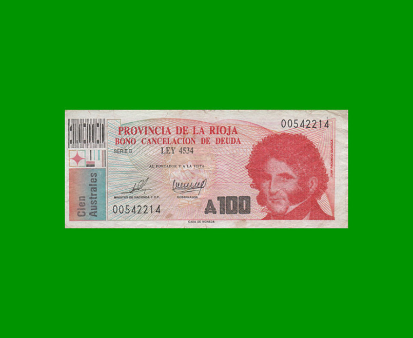 BONO DE LA RIOJA 100,00 DE AUSTRALES, EC 043, AÑO 1989, ESTADO BUENO+.-