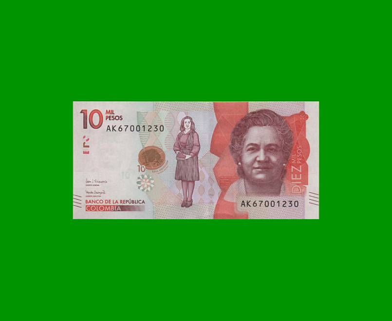 BILLETE DE COLOMBIA $ 10.000,00, PICK 460,PREFIJO AK, AÑO 2020, ESTADO SIN CIRCULAR.-