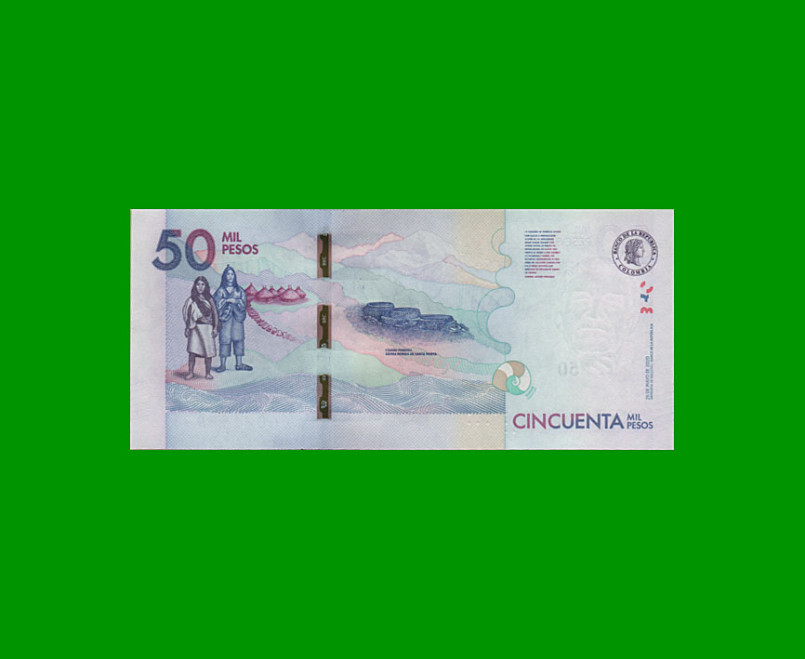 BILLETE DE COLOMBIA $ 50.000,00, PICK 462,PREFIJO CG, AÑO 2020, ESTADO SIN CIRCULAR.- - Imagen 2