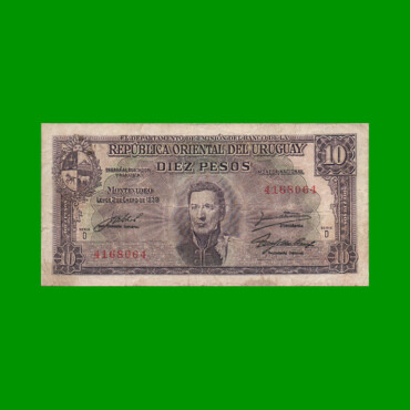 BILLETE DE URUGUAY $10,00, PICK 37d, SERIE D, ESTADO BUENO.