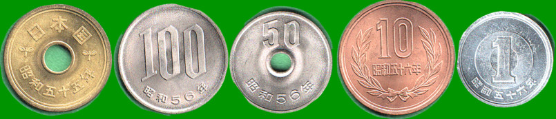 JAPON SET DE CINCO MONEDAS 1,5,10,50,100 YEN, AÑOS 1955/89