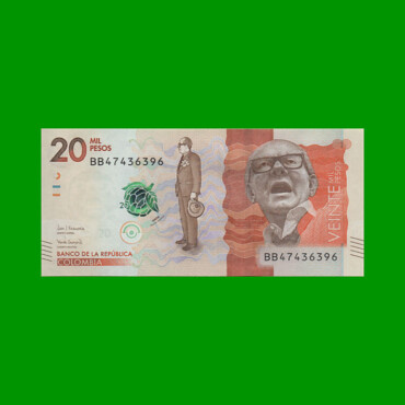 BILLETE DE COLOMBIA $ 20.000,00, PICK 461,PREFIJO BB, AÑO 2020, ESTADO SIN CIRCULAR.-