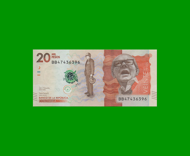 BILLETE DE COLOMBIA $ 20.000,00, PICK 461,PREFIJO BB, AÑO 2020, ESTADO SIN CIRCULAR.-