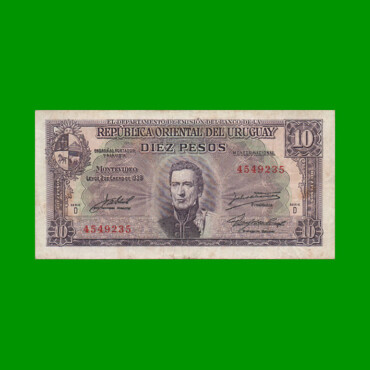 BILLETE DE URUGUAY $10,00, PICK 37d, SERIE D, ESTADO MUY BUENO-. -
