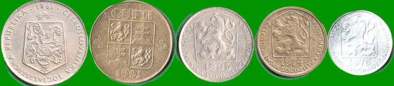 CHECOSLOVAQUIA SET CINCO MONEDAS 1,2 CORONA Y 10,20 Y 50 HALIR ,AÑO 1972/1991 - Imagen 2