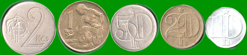 CHECOSLOVAQUIA SET CINCO MONEDAS 1,2 CORONA Y 10,20 Y 50 HALIR ,AÑO 1972/1991