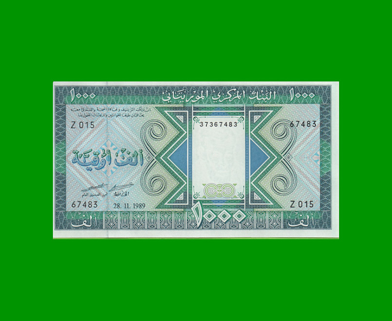 BILLETE DE MAURITANIA 1000 OUGUIYA, PICK 7a, AÑO 1989, ESTADO SIN CIRCULAR.-