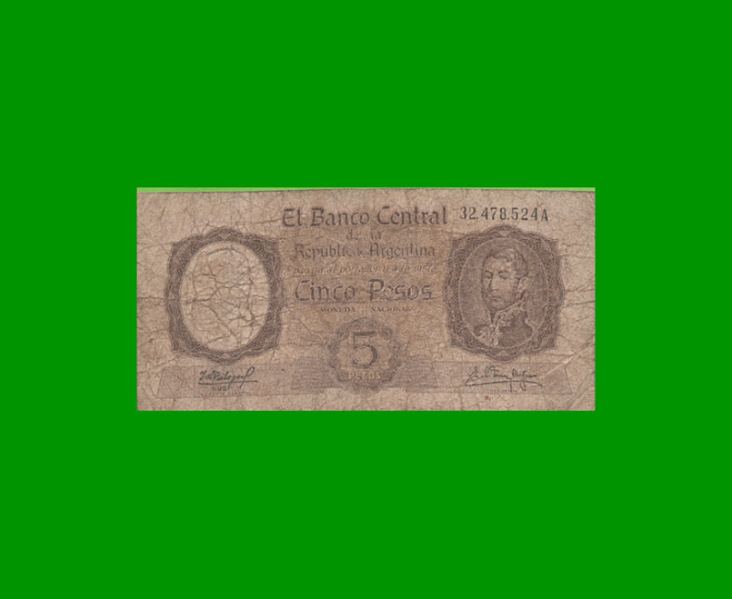 MONEDA NACIONAL $ 5,00, BOT 1921, AÑO 1960, ESTADO BUENO.-