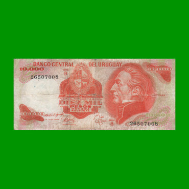 BILLETE DE URUGUAY $10.000, PICK 53b, AÑO 1974, SERIE B, ESTADO BUENO.-