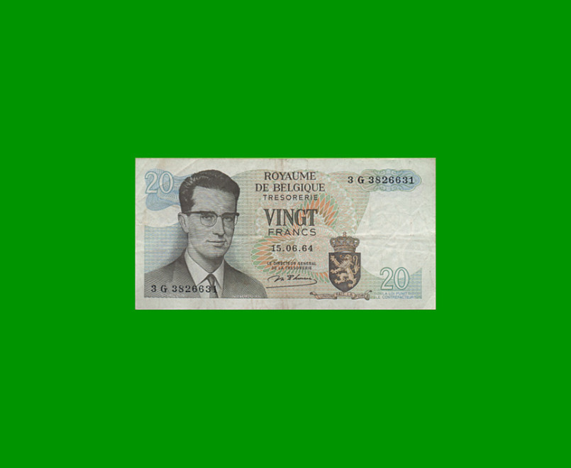 BILLETE DE BELGICA 20 FRANCOS, PICK 138, AÑO 1964 ESTADO MUY BUENO- .-