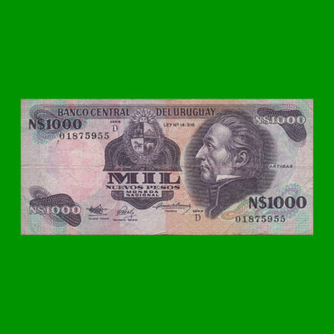 BILLETE DE URUGUAY $1.000,00 N$ PICK 64Ab, AÑO 1992, SERIE D, ESTADO BUENO+.-