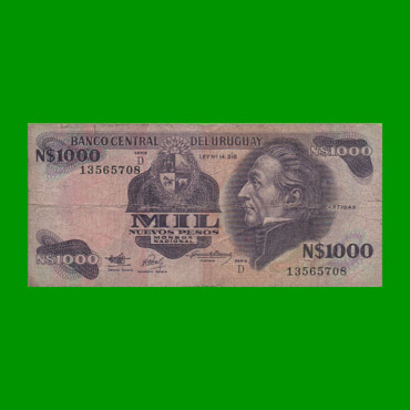 BILLETE DE URUGUAY $1.000,00 N$ PICK 64Ab, AÑO 1992, SERIE D, ESTADO BUENO -