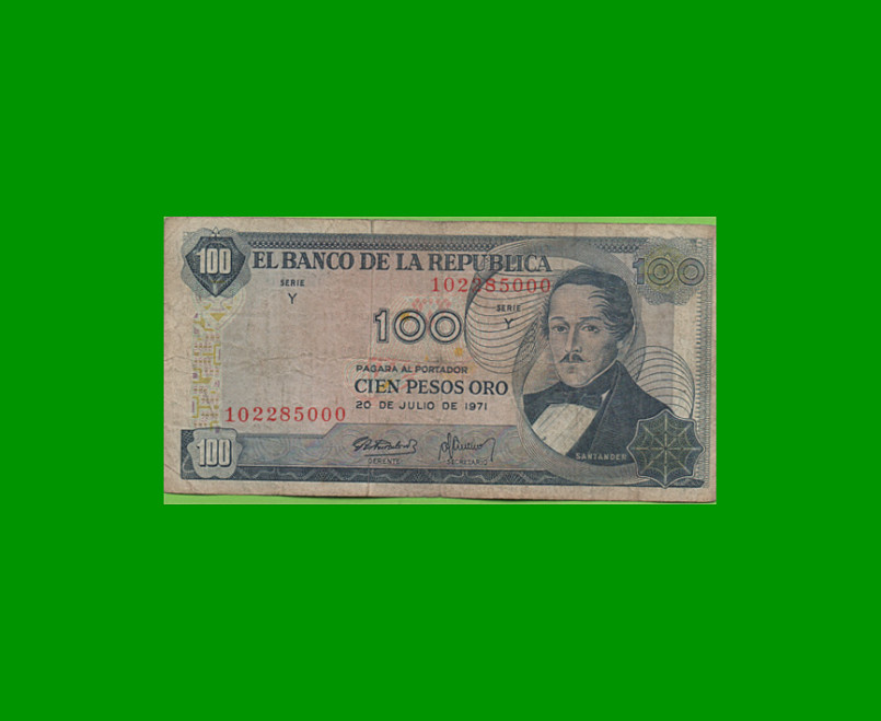 BILLETE DE COLOMBIA $ 100,00, PICK 410c AÑO 1971, ESTADO BUENO.-