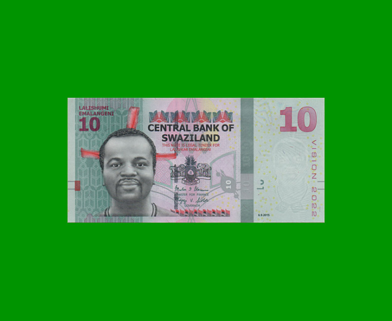 BILLETE DE SWAZILAND 10 EMALANGENI, PICK NEW, AÑO 2010 ESTADO SIN CIRCULAR.-