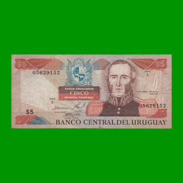 BILLETE DE URUGUAY $5,00 PICK 73A, AÑO 1997, SERIE A, ESTADO  BUENO+.-