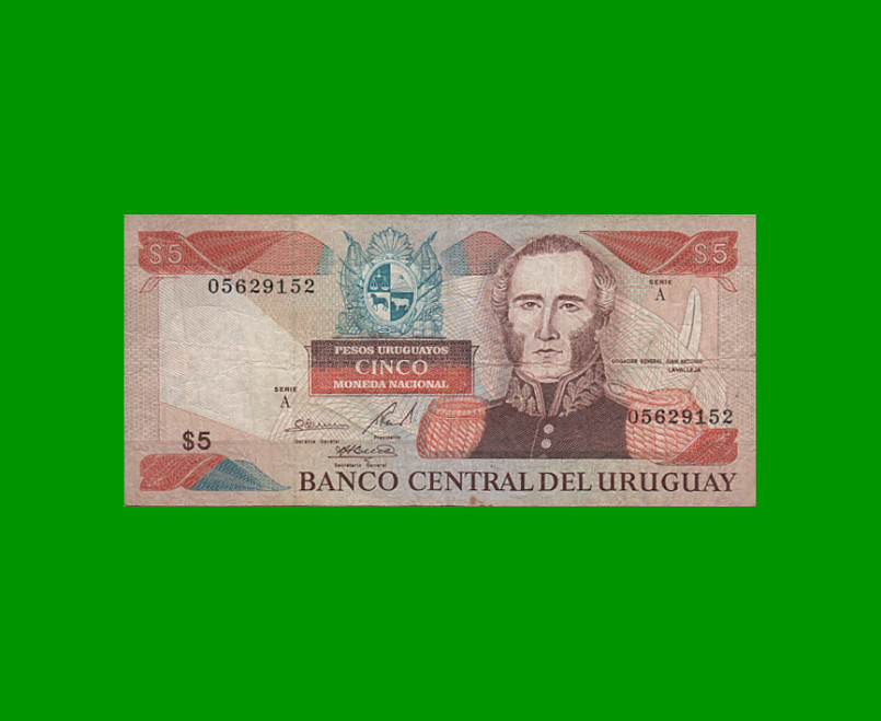 BILLETE DE URUGUAY $5,00 PICK 73A, AÑO 1997, SERIE A, ESTADO  BUENO+.-