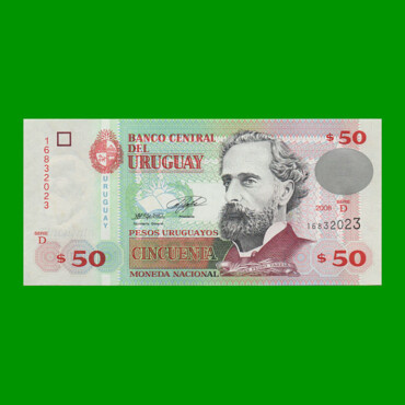 BILLETE DE URUGUAY $50,00 PICK 87a, AÑO 2008, SERIE D, ESTADO SIN CIRCULAR.-