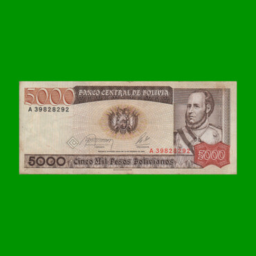 BILLETE DE BOLIVIA 5.000 PESOS BOLIVIANOS, PICK 168a, AÑO 1984, ESTADO MUY BUENO .-